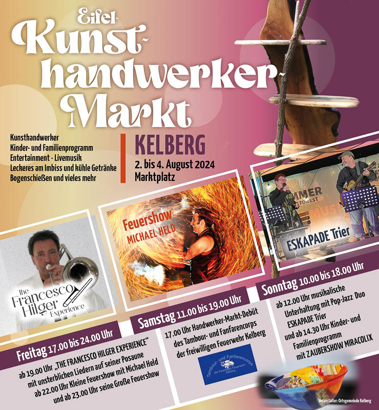 Der Alljährige Kunst und Handwerkermarkt in Kelberg ist seit 1984 quasi 40 Jahren eine entspannende Veranstaltung. Handwerkliche Produkte praktisch oder Künstlerisch. Aus Holz, Glas, Metall, Ton die gedöpfert, geschweißt, gewebt, geflochten, gesägt, gelasert hergestellt worden sind mit viel Liebe zum Detail. Auf dem Kelberg Marktplatz unter Bäumen mit Wiesen am Brunnen sitzen. Dabei der Musik lauschen oder eine Vorführung beobachten können. Mit Speisen der Region wie Bratkartoffeln oder Spießbraten dazu ein Bier oder etwas vom Weinbrunnen zu trinken. Das ist Erholung, vom Arbeiten und Aufgaben des täglichen Lebens.