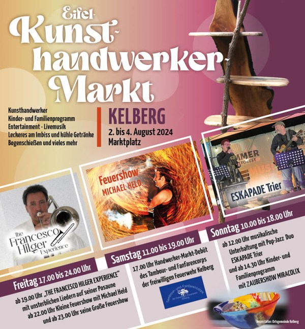 Der Alljährige Kunst und Handwerkermarkt in Kelberg ist seit 1984 quasi 40 Jahren eine entspannende Veranstaltung. Handwerkliche Produkte praktisch oder Künstlerisch. Aus Holz, Glas, Metall, Ton die gedöpfert, geschweißt, gewebt, geflochten, gesägt, gelasert hergestellt worden sind mit viel Liebe zum Detail. Auf dem Kelberg Marktplatz unter Bäumen mit Wiesen am Brunnen sitzen. Dabei der Musik lauschen oder eine Vorführung beobachten können. Mit Speisen der Region wie Bratkartoffeln oder Spießbraten dazu ein Bier oder etwas vom Weinbrunnen zu trinken. Das ist Erholung, vom Arbeiten und Aufgaben des täglichen Lebens.